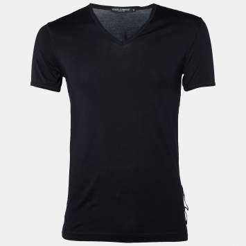 Pre Owned Dolce & Gabbana Black Cotton Knit Overlock V-Neck T-Shirt XS