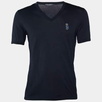 Pre Owned Dolce & Gabbana Navy Blue Cotton Knit Owl Embellished V-Neck T-Shirt S