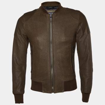 Pre Owned Dolce & Gabbana Brown Perforated Leather Zip Front Jacket XS