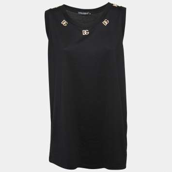 Pre Owned Dolce & Gabbana Black Cotton Knit Logo Detail Sleeveless Tank Top M