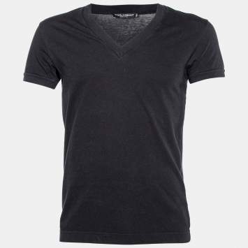 Pre Owned Dolce & Gabbana Black Cotton Knit V-Neck T-Shirt S