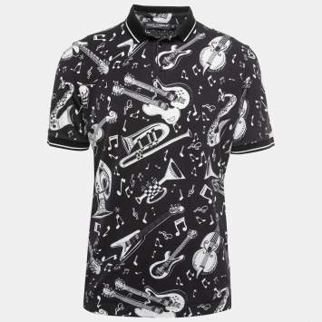 Pre Owned Dolce & Gabbana Black Music Print Cotton Pique Polo T-Shirt XL