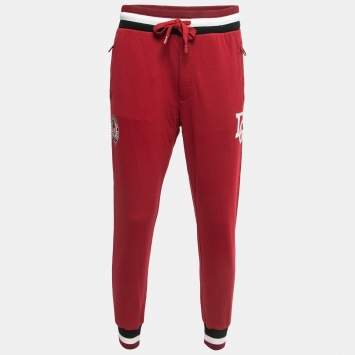 Pre Owned Dolce & Gabbana Red Logo Print Cotton Knit Joggers L