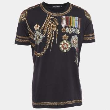 Pre Owned Dolce & Gabbana Black Military Print Cotton Crew Neck Half Sleeve T-Shirt XL