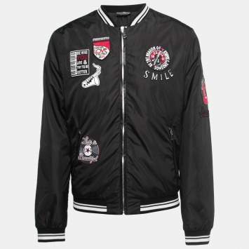 Pre Owned Dolce & Gabbana Black Nylon Patch Detail Zip Front Bomber Jacket XL