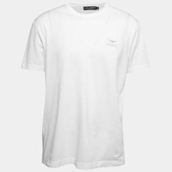 Pre Owned Dolce & Gabbana White Cotton Logo Plaque Detail Crew Neck T-Shirt 3XL