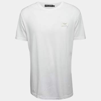 Pre Owned Dolce & Gabbana White Cotton Logo Patch Crew Neck Half Sleeve T-Shirt XXL