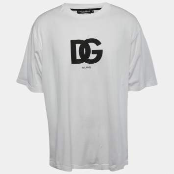 Pre Owned Dolce & Gabbana White Logo Print Crew Neck Half Sleeve T-Shirt XXL
