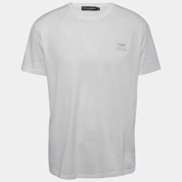 Pre Owned Dolce & Gabbana White Cotton Logo Patch Crew Neck Half Sleeve T-Shirt XXL