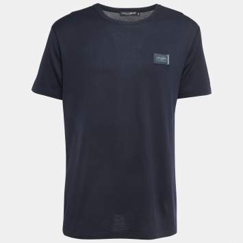 Pre Owned Dolce & Gabbana Navy Blue Cotton Logo Patch Crew Neck Half Sleeve T-Shirt XXL