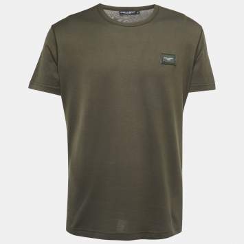 Pre Owned Dolce & Gabbana Military Green Cotton Logo Patch Crew Neck Half Sleeve T-Shirt XXL