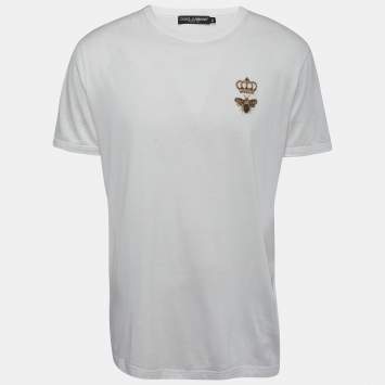 Pre Owned Dolce & Gabbana White Cotton Crown & Bee Embroidered Half Sleeve T-Shirt XXL