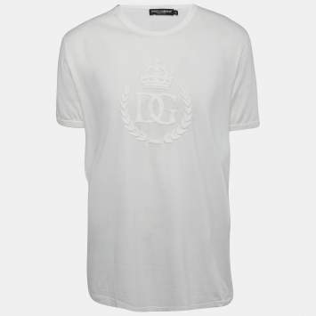 Pre Owned Dolce & Gabbana White Cotton Logo Patch Crew Neck Half Sleeve T-Shirt XL