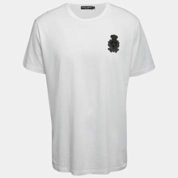 Pre Owned Dolce & Gabbana White Logo Patch Cotton Crew Neck Half Sleeve T-Shirt XXL