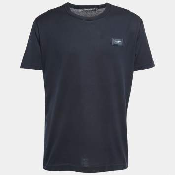 Pre Owned Dolce & Gabbana Navy Blue Logo Patch Cotton Crew Neck Half Sleeve T-Shirt XXL