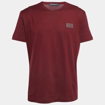Pre Owned Dolce & Gabbana Burgundy Logo Patch Cotton Crew Neck Half Sleeve T-Shirt XXL