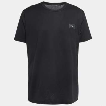 Pre Owned Dolce & Gabbana Black Logo Patch Cotton Crew Neck Half Sleeve T-Shirt XXL