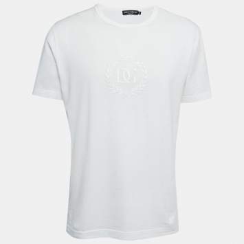 Pre Owned Dolce & Gabbana White Logo Embroidered Cotton Crew Neck Half Sleeve T-Shirt XXL