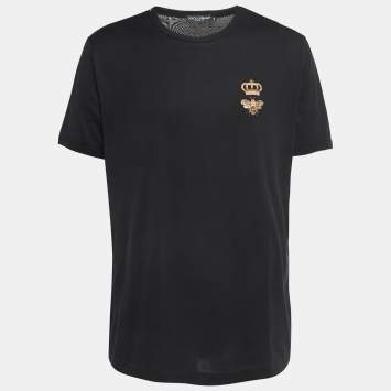 Pre Owned Dolce & Gabbana Black Cotton Crown & Bee Embroidered Half Sleeve T-Shirt XXL