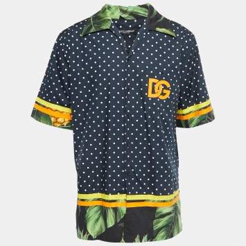 Pre Owned Dolce & Gabbana Navy Blue Pineapple Dotted Print Cotton Half Sleeve Button Front Shirt L