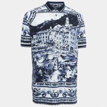 Pre Owned Dolce & Gabbana Blue Print Cotton Pique Polo T-Shirt XL