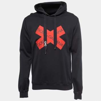 Pre Owned Dolce & Gabbana Black Logo Tape Print Cotton Hooded Sweatshirt L