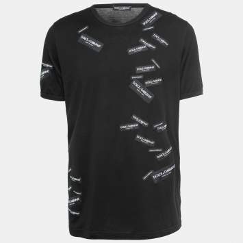 Pre Owned Dolce & Gabbana Black Cotton Logo Tape Appliqued T-Shirt XXL