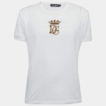 Pre Owned Dolce & Gabbana White Cotton DG Crown Embroidered Fitted T-Shirt XL