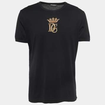 Pre Owned Dolce & Gabbana Black Cotton DG Crown Embroidered Fitted T-Shirt XL