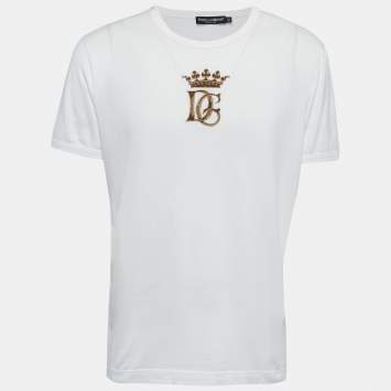 Pre Owned Dolce & Gabbana White Cotton DG Crown Embroidered Fitted T-Shirt XL