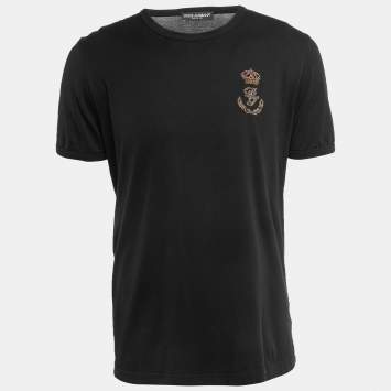 Pre Owned Dolce & Gabbana Black Cotton Logo Applique T-Shirt M