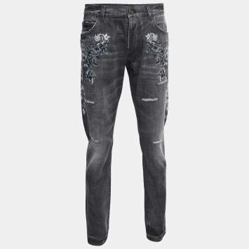 Pre Owned Dolce & Gabbana Grey Embroidered Denim 16 Classic Fit Jeans L/Waist 36"