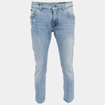 Pre Owned Dolce & Gabbana Blue Denim Distressed Slim Fit Jeans L/ Waist 35"