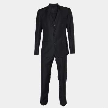 Pre Owned Dolce & Gabbana Black Jacquard Virgin Wool Gold 3 Piece Suit L