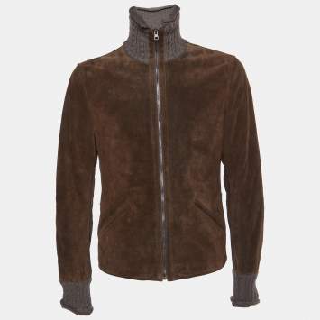 Pre Owned Dolce & Gabbana Brown Suede Knit Trim Zip Front Jacket L