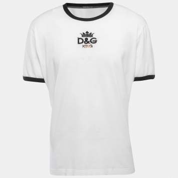 Pre Owned Dolce & Gabbana White Logo Embroidered Cotton Crew Neck Half Sleeve T-Shirt 3XL