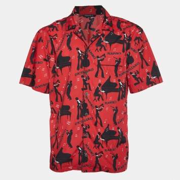 Pre Owned Dolce & Gabbana Red Bambo printed Cotton Short Sleeve Shirt L