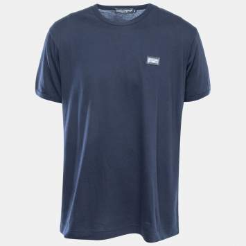 Pre Owned Dolce & Gabbana Navy Blue Cotton Logo Patch Crew Neck Half Sleeve T-Shirt 5XL