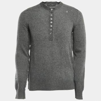 مملوكة مسبقًا Dolce & Gabbana Grey Distressed Wool Buttoned Sweater L