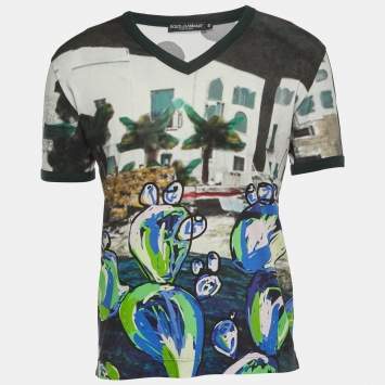 Pre Owned Dolce & Gabbana Multicolor All-Over Print Cotton V-Neck Half Sleeve T-Shirt S