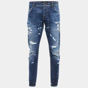 Pre Owned Dolce & Gabbana Blue Ripped Denim 14 Gold Jeans XXL Waist 38"