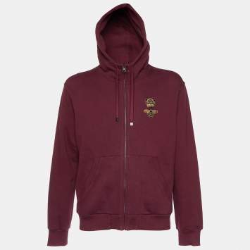Pre Owned Dolce & Gabbana Burgundy Bee Crown Embroidered Cotton Knit Hooded Jacket L
