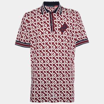 Pre Owned Dolce & Gabbana Bordeaux DG Mania Print Cotton Pique Polo T Shirt 4XL