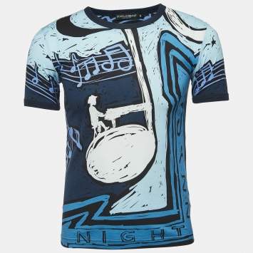 Pre Owned Dolce & Gabbana Blue Printed Cotton Crewneck T-Shirt XS