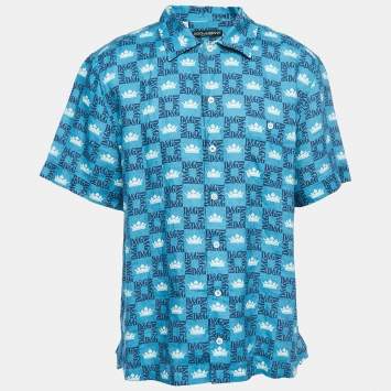 Pre Owned Dolce & Gabbana Blue Crown Emblem Printed Linen Short Sleeve Shirt XL