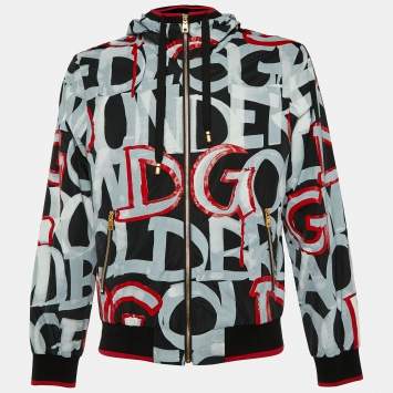 Pre Owned Dolce & Gabbana Black Print Synthetic Zip Front Hooded Jacket M