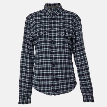 Pre Owned Dolce & Gabbana Navy Blue Checkered Cotton Button Front Shirt L