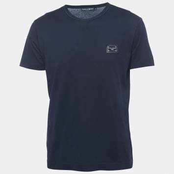 Pre Owned Dolce & Gabbana Navy Blue Cotton Logo Applique Half Sleeve T-Shirt M