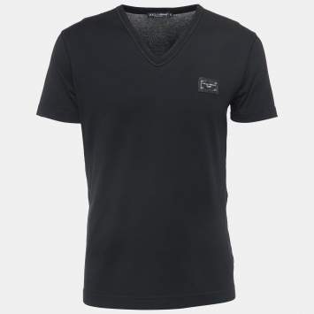 Pre Owned Dolce & Gabbana Black Cotton Logo Plaque V-Neck T-Shirt M