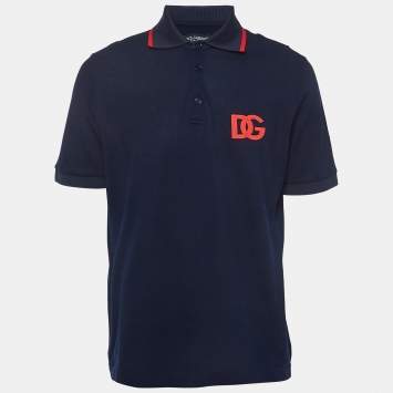 Pre Owned Dolce & Gabbana Navy Blue Cotton Logo Embroidered Polo T-Shirt XL